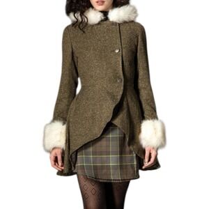 OUTLANDER  Hot Topic Claire's Green Tweed Coat Faux Fur Trim Hooded Victorian SM